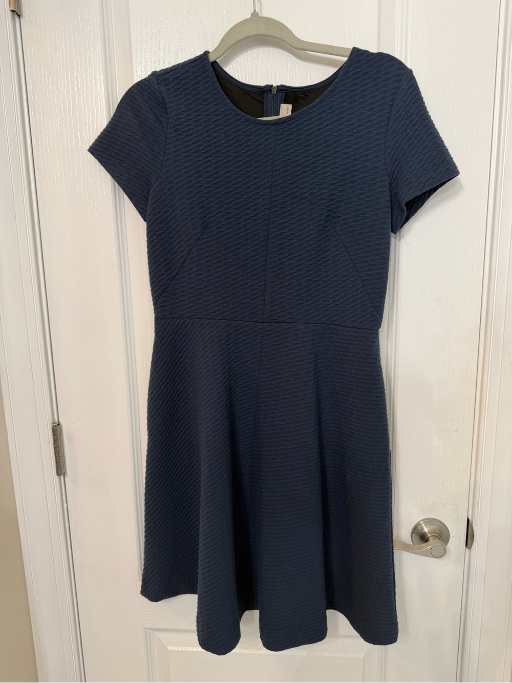 LOFT Navy Textured Fit-and-Flare Short Sleeve Dress